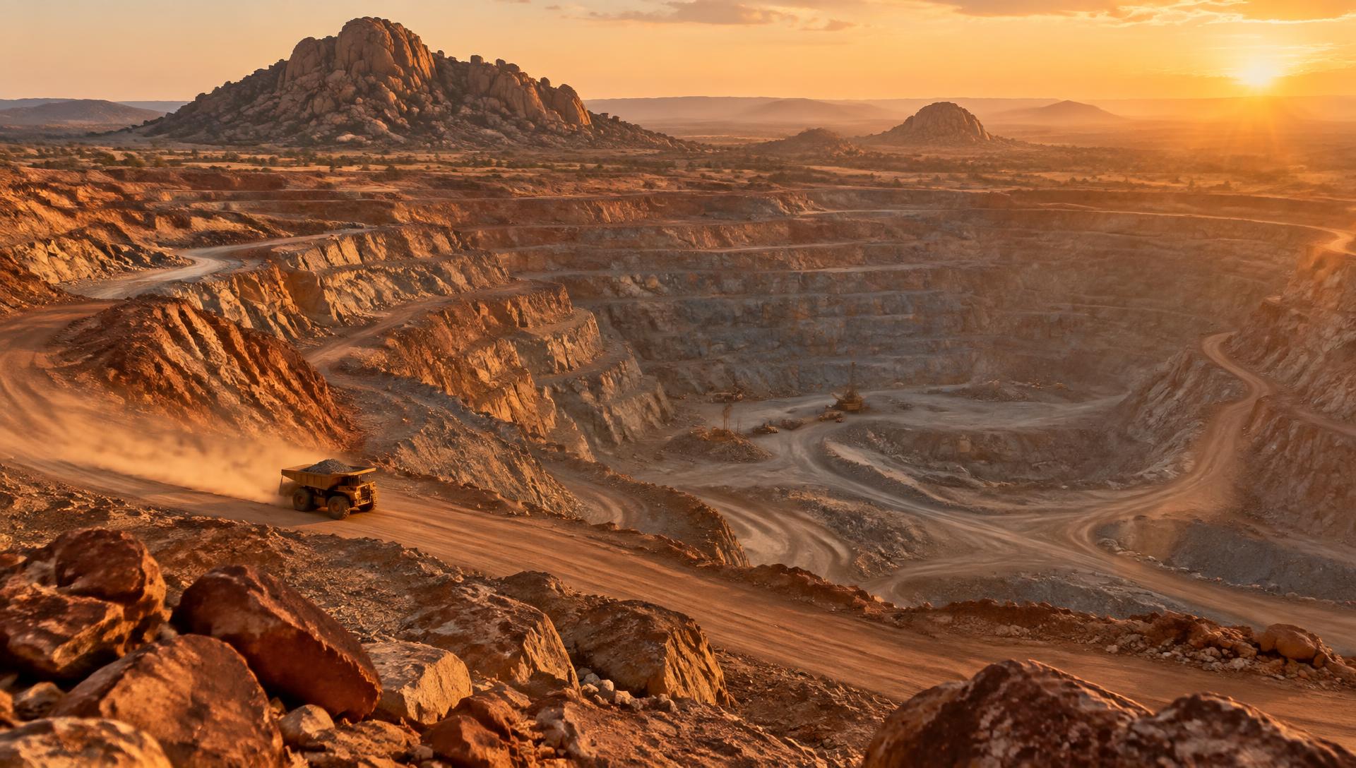 Terraced open-pit mine at golden hour with a haul truck on the haul road and granite hills beyond