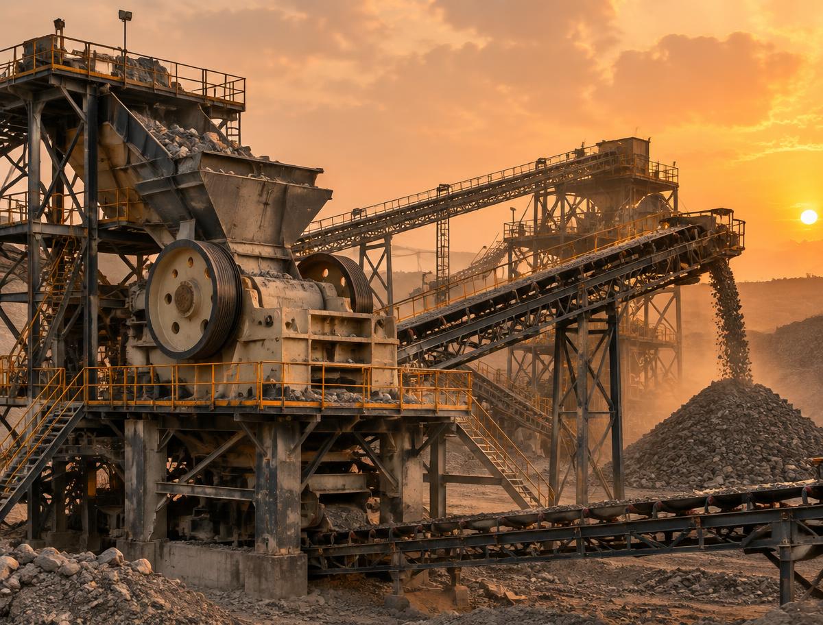 Crushing and conveying plant with steel structures against a dusty evening sky
